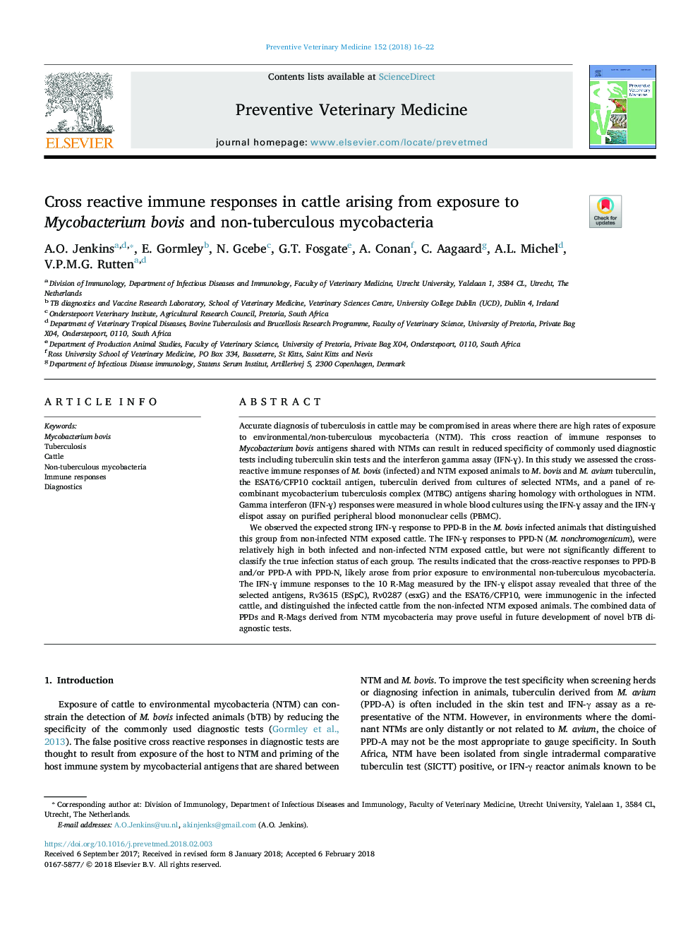 Cross reactive immune responses in cattle arising from exposure to Mycobacterium bovis and non-tuberculous mycobacteria