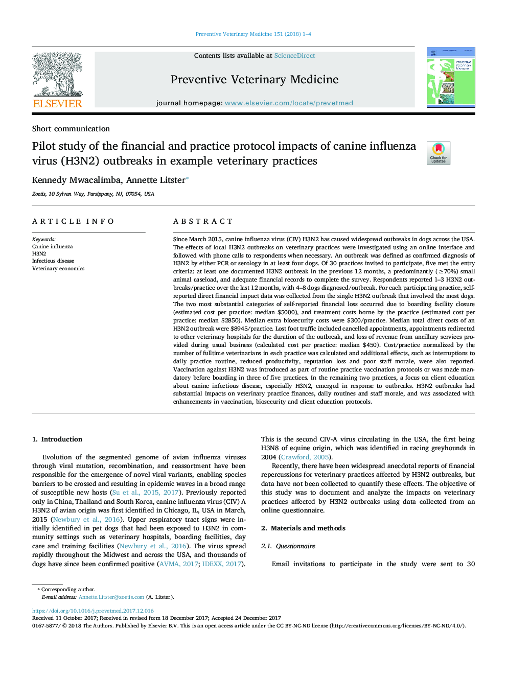 Pilot study of the financial and practice protocol impacts of canine influenza virus (H3N2) outbreaks in example veterinary practices