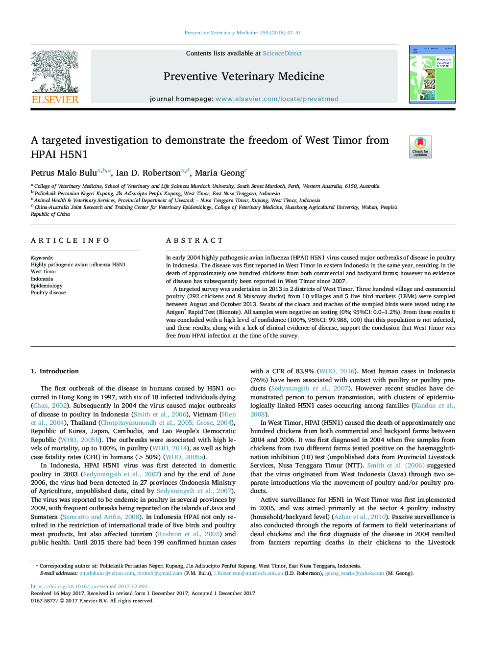 A targeted investigation to demonstrate the freedom of West Timor from HPAI H5N1