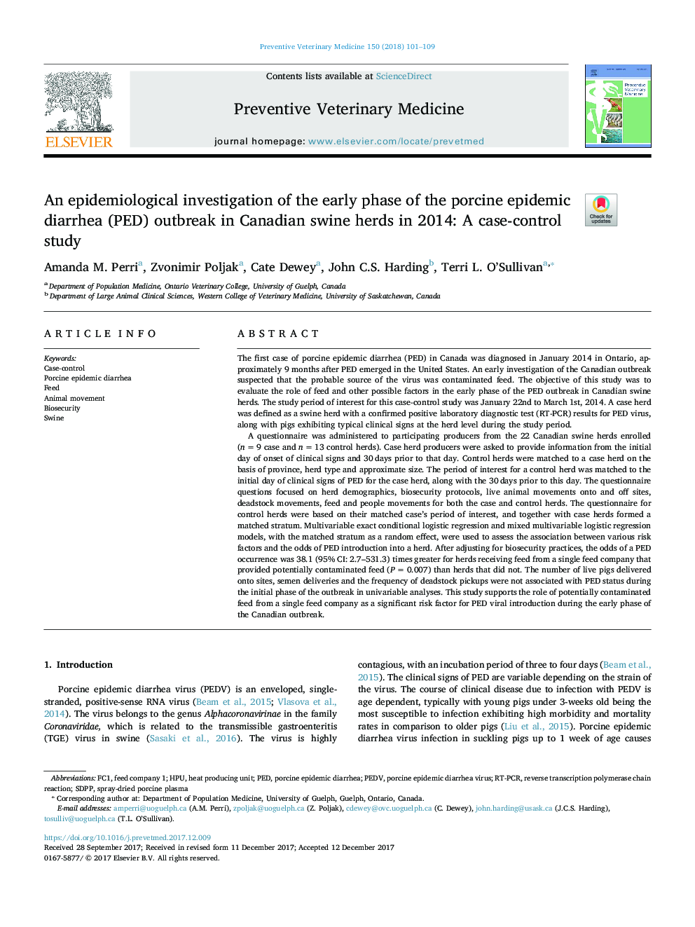 An epidemiological investigation of the early phase of the porcine epidemic diarrhea (PED) outbreak in Canadian swine herds in 2014: A case-control study