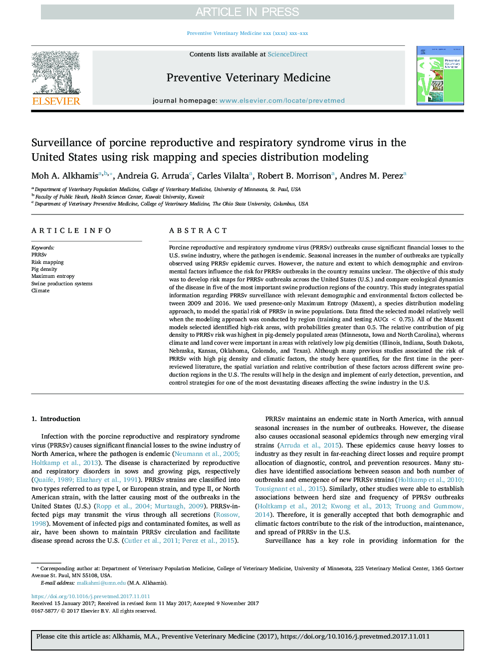 Surveillance of porcine reproductive and respiratory syndrome virus in the United States using risk mapping and species distribution modeling