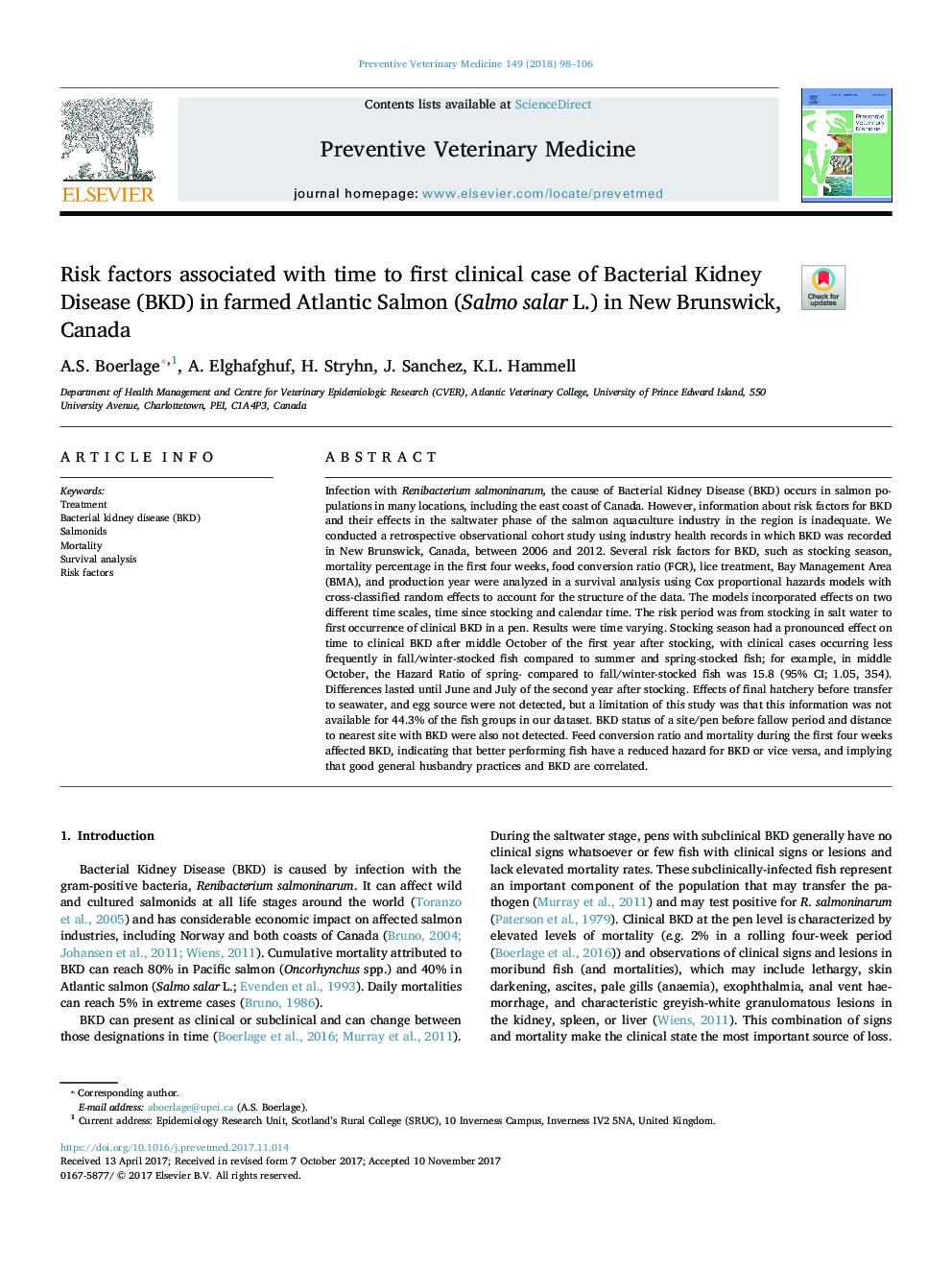 Risk factors associated with time to first clinical case of Bacterial Kidney Disease (BKD) in farmed Atlantic Salmon (Salmo salar L.) in New Brunswick, Canada