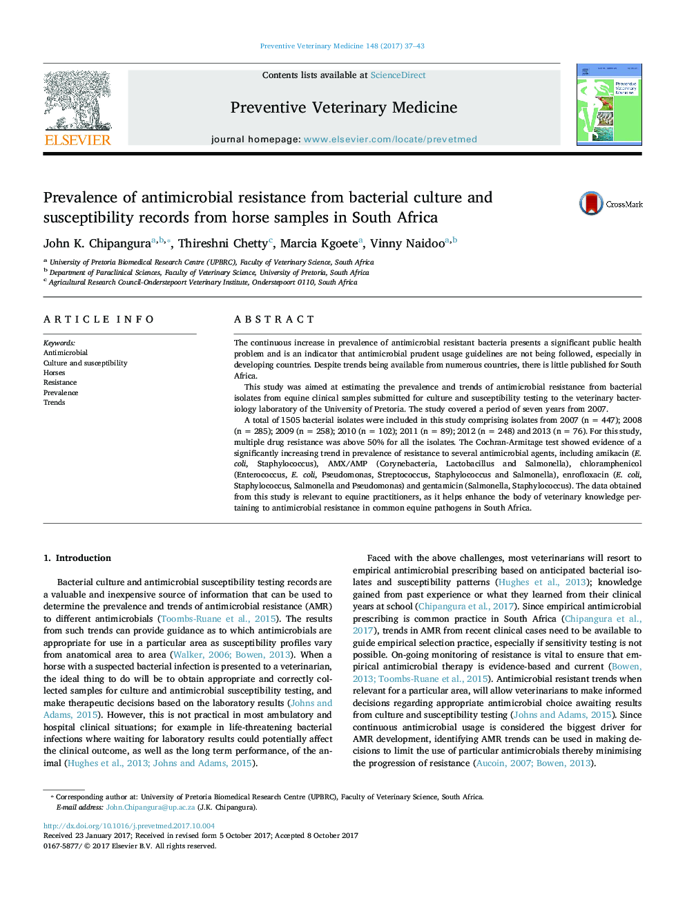 Prevalence of antimicrobial resistance from bacterial culture and susceptibility records from horse samples in South Africa