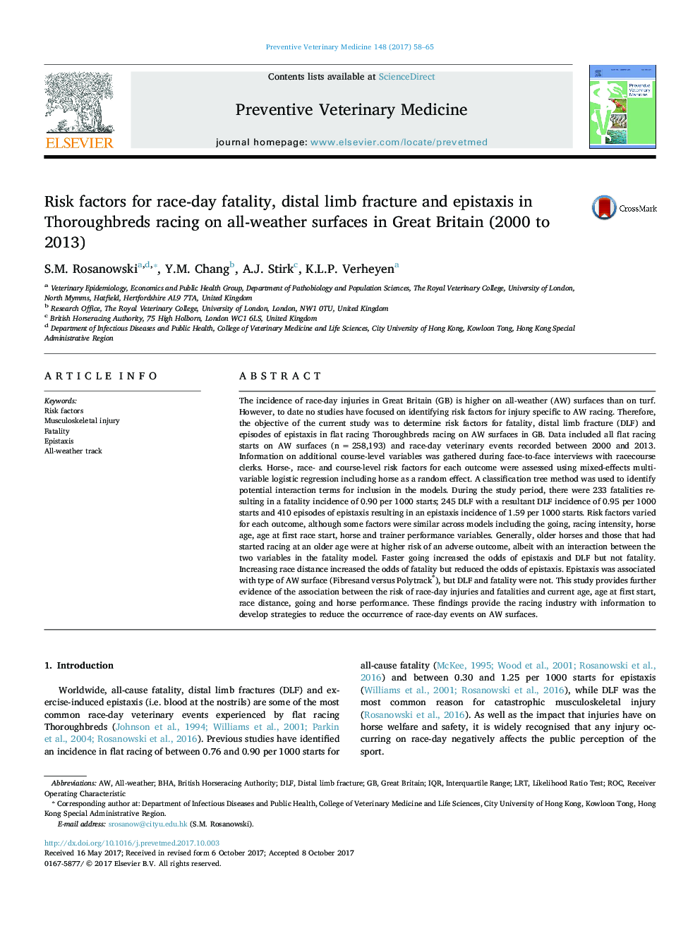 Risk factors for race-day fatality, distal limb fracture and epistaxis in Thoroughbreds racing on all-weather surfaces in Great Britain (2000 to 2013)