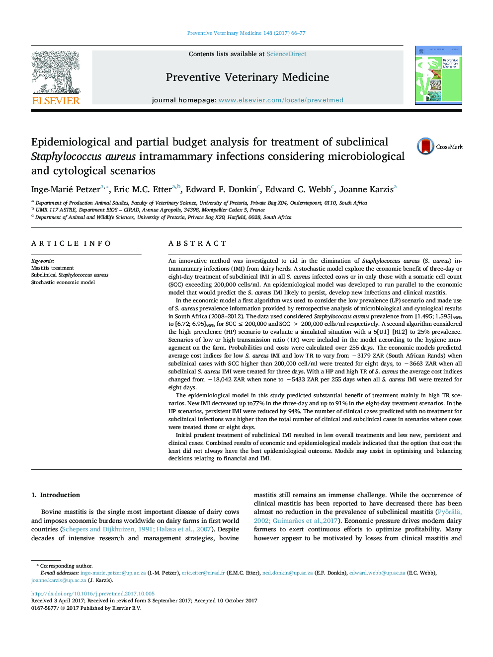 Epidemiological and partial budget analysis for treatment of subclinical Staphylococcus aureus intramammary infections considering microbiological and cytological scenarios