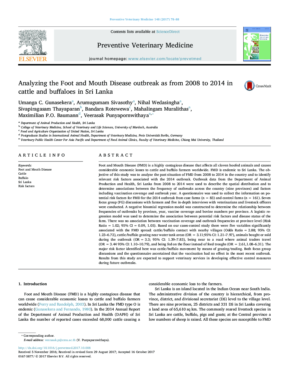 تجزیه و تحلیل شیوع بیماری های روده و دهان در سال های 2008 تا 2014 در گاو و بوفالو در سریلانکا 