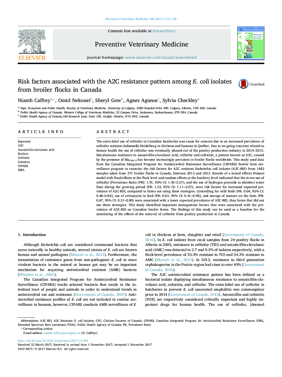 Risk factors associated with the A2C resistance pattern among E. coli isolates from broiler flocks in Canada