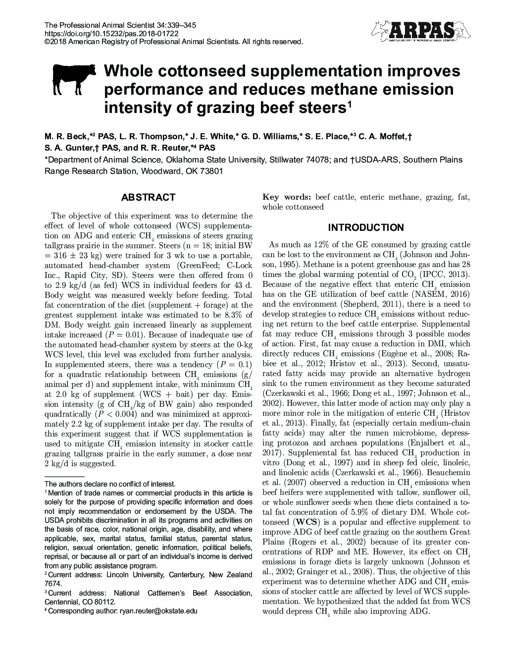 Whole cottonseed supplementation improves performance and reduces methane emission intensity of grazing beef steers1
