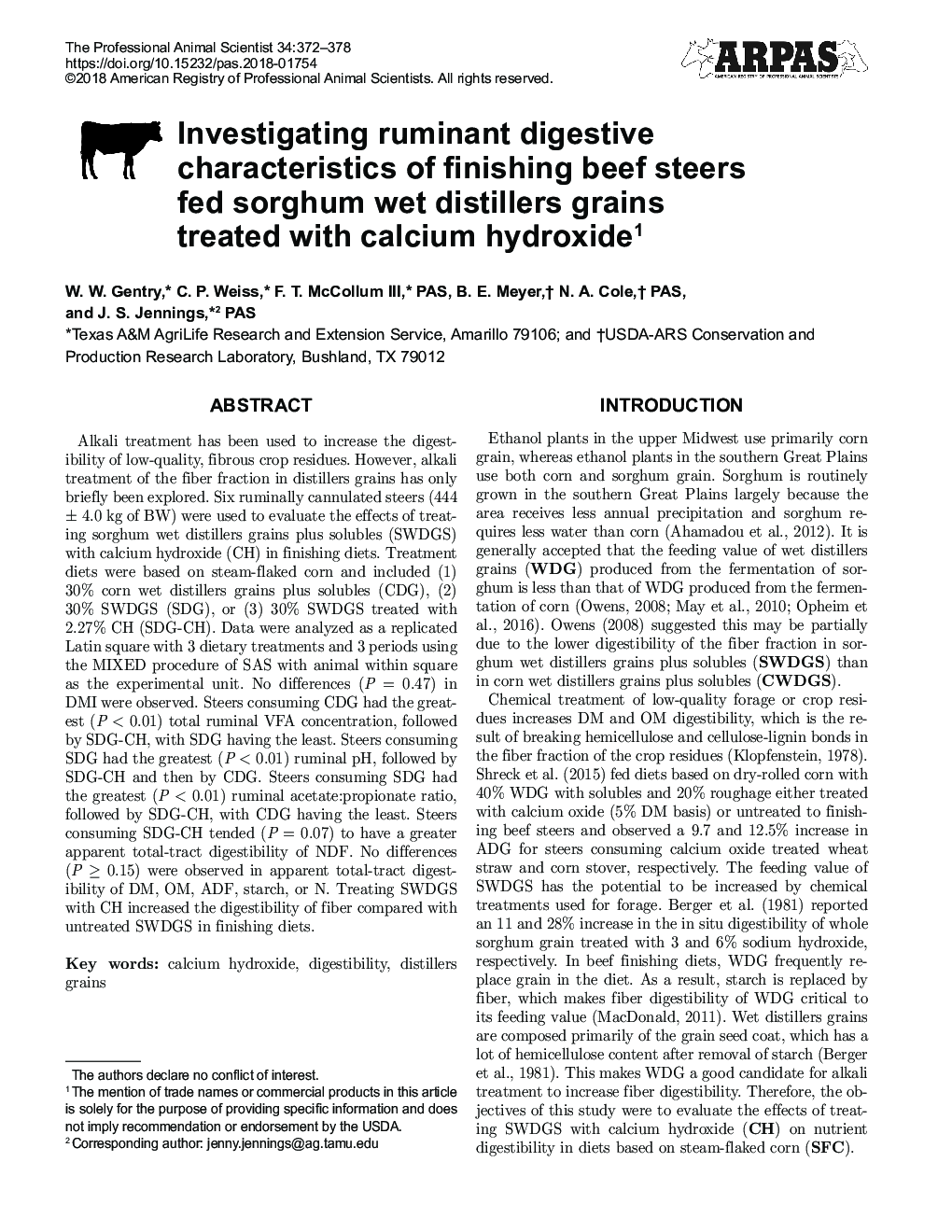 Investigating ruminant digestive characteristics of finishing beef steers fed sorghum wet distillers grains treated with calcium hydroxide1