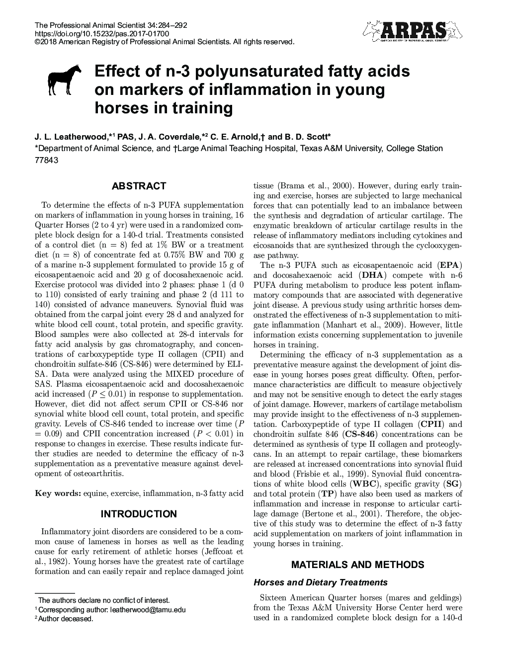 Effect of n-3 polyunsaturated fatty acids on markers of inflammation in young horses in training