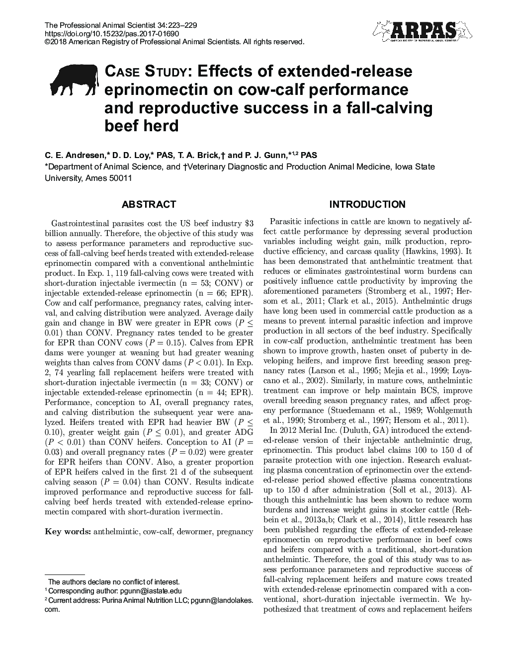 Case Study: Effects of extended-release eprinomectin on cow-calf performance and reproductive success in a fall-calving beef herd