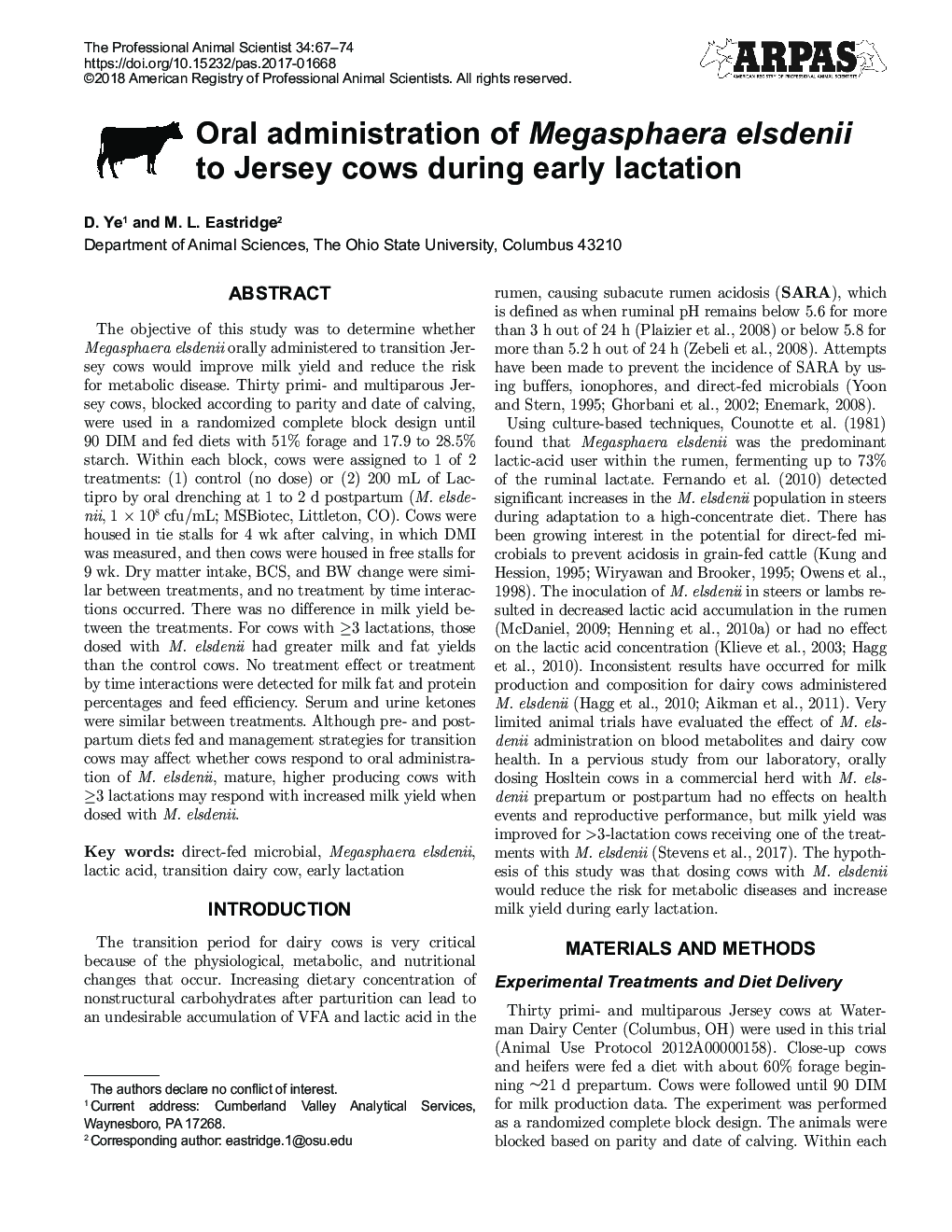 Oral administration of Megasphaera elsdenii to Jersey cows during early lactation