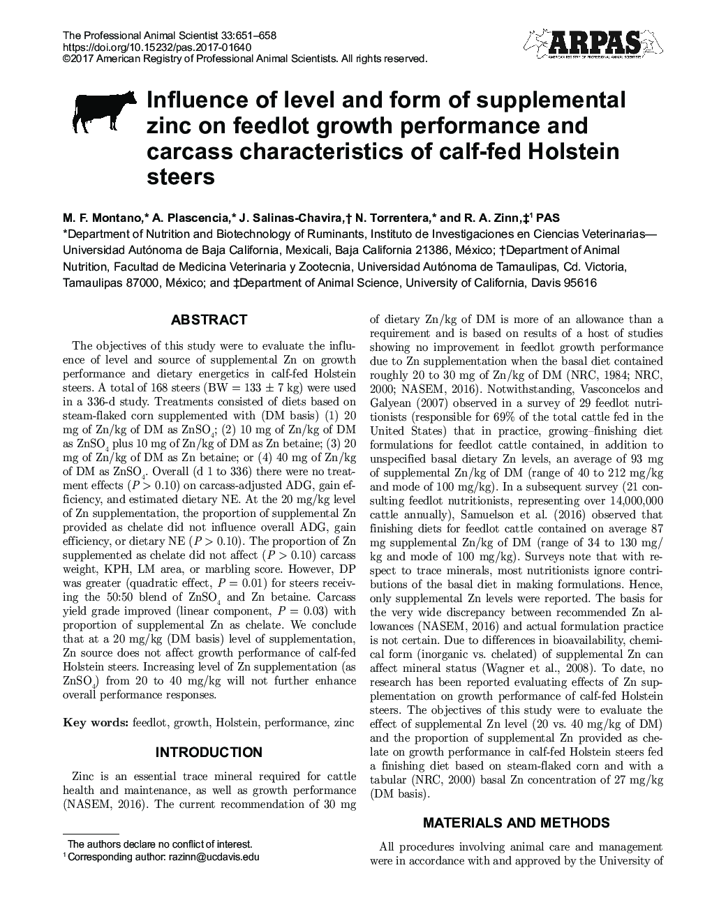 Influence of level and form of supplemental zinc on feedlot growth performance and carcass characteristics of calf-fed Holstein steers