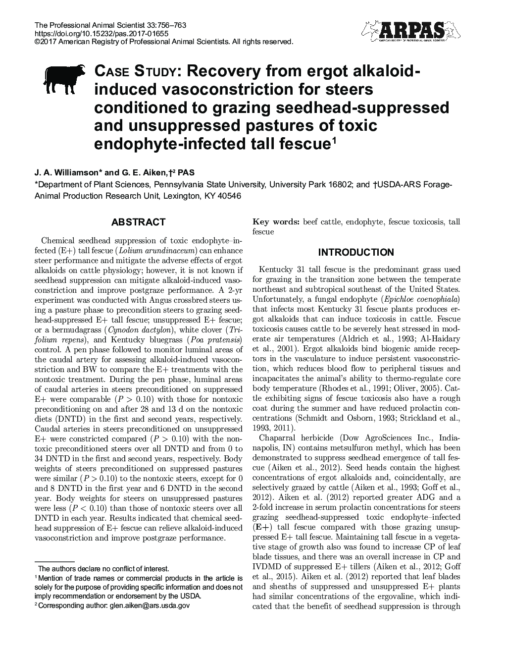 Case Study: Recovery from ergot alkaloid-induced vasoconstriction for steers conditioned to grazing seedhead-suppressed and unsuppressed pastures of toxic endophyte-infected tall fescue1