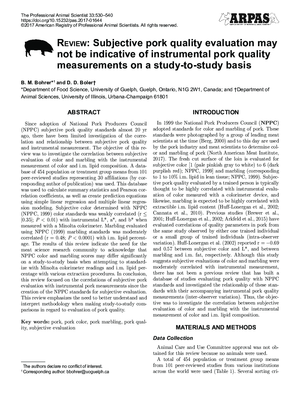 Review: Subjective pork quality evaluation may not be indicative of instrumental pork quality measurements on a study-to-study basis