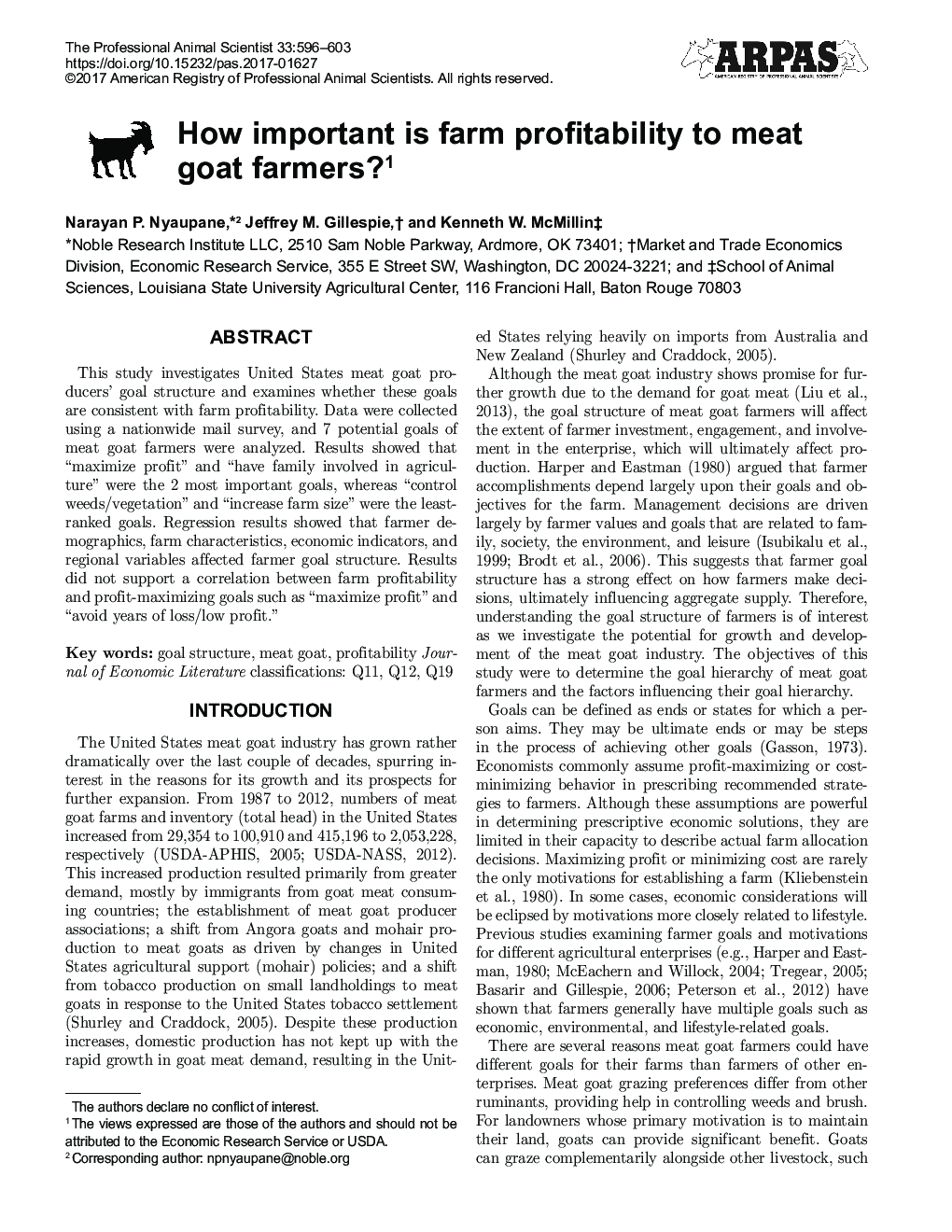 How important is farm profitability to meat goat farmers?1