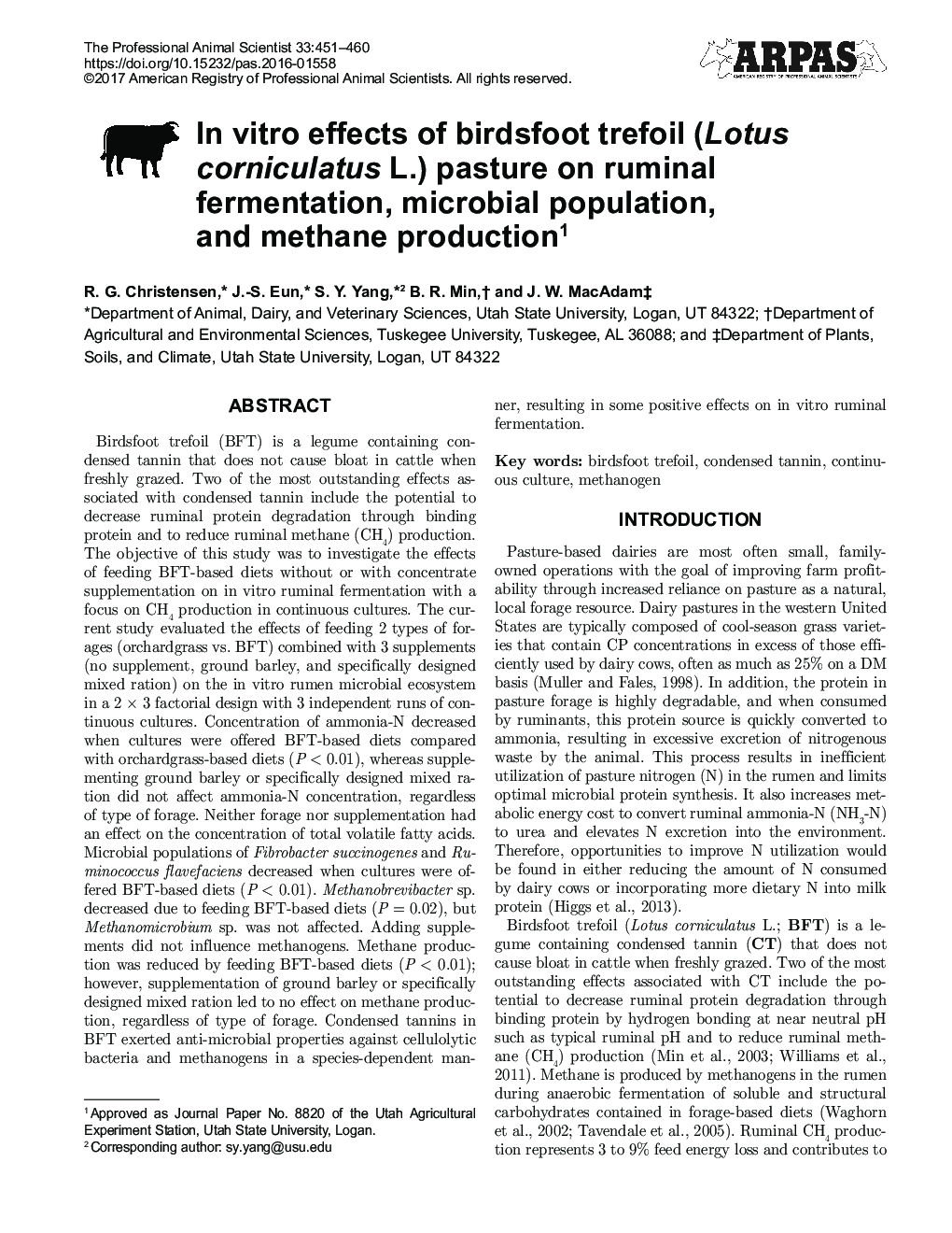 In vitro effects of birdsfoot trefoil (Lotus corniculatus L.) pasture on ruminal fermentation, microbial population, and methane production1
