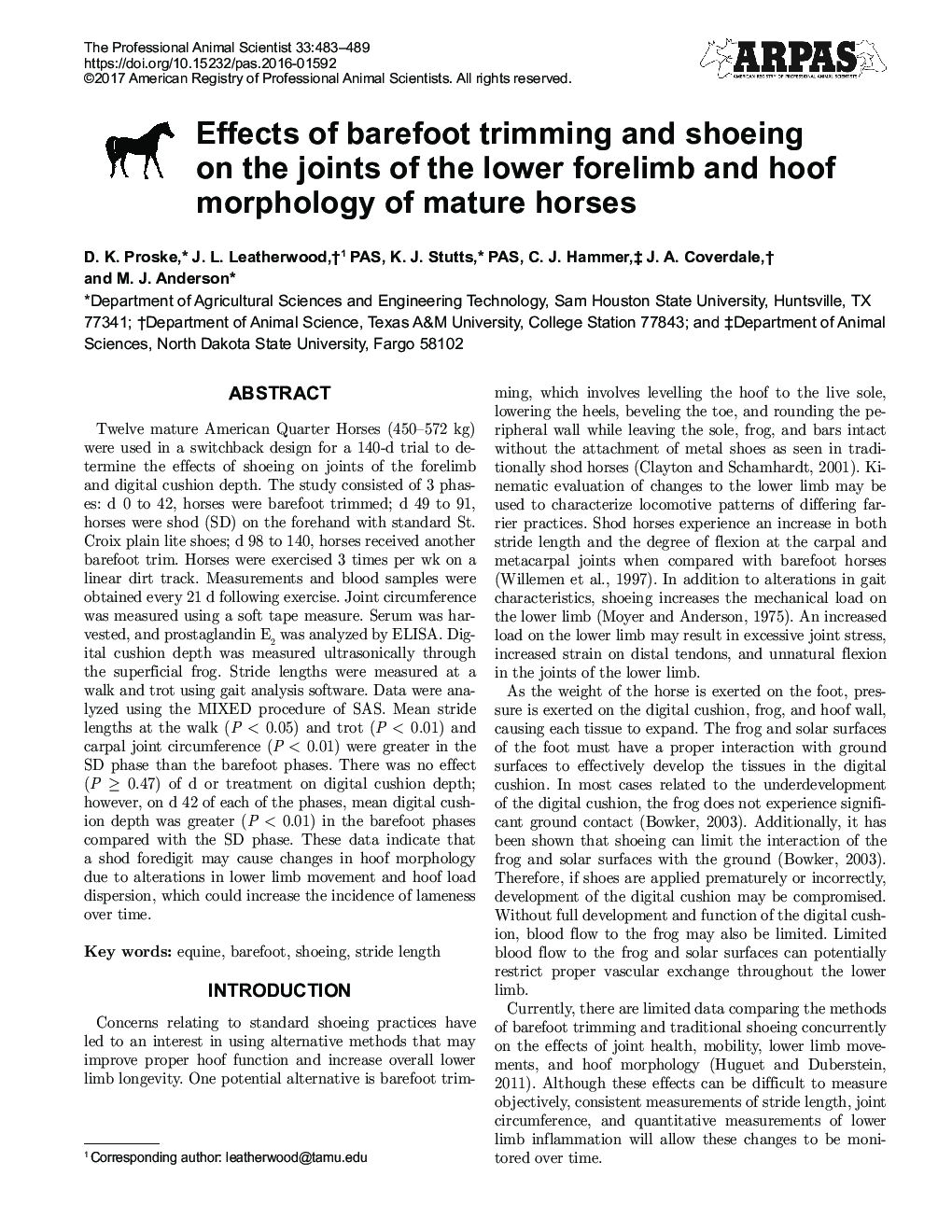 Effects of barefoot trimming and shoeing on the joints of the lower forelimb and hoof morphology of mature horses