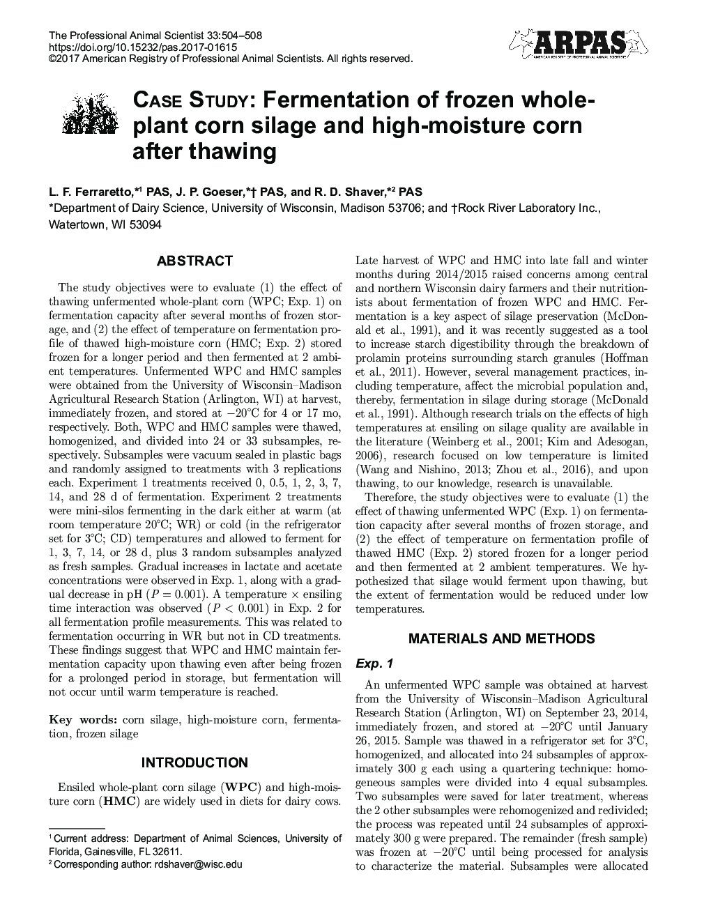 Case Study: Fermentation of frozen whole-plant corn silage and high-moisture corn after thawing