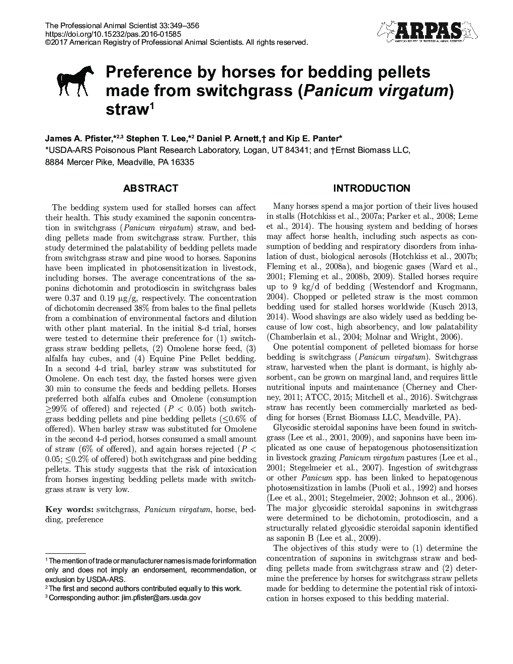 Preference by horses for bedding pellets made from switchgrass (Panicum virgatum) straw1