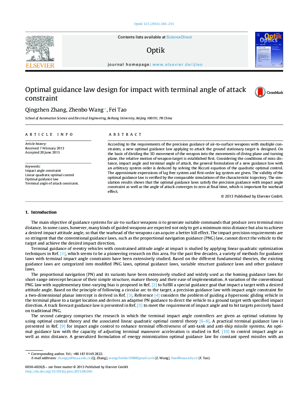 Optimal guidance law design for impact with terminal angle of attack constraint