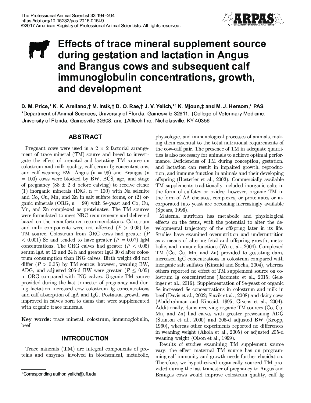 Effects of trace mineral supplement source during gestation and lactation in Angus and Brangus cows and subsequent calf immunoglobulin concentrations, growth, and development