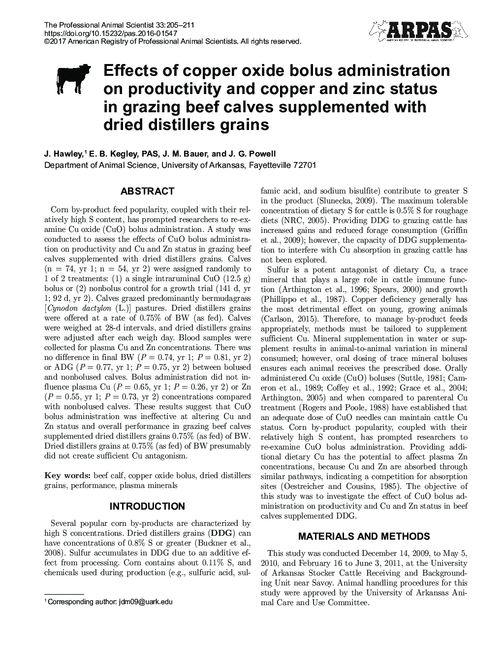 Effects of copper oxide bolus administration on productivity and copper and zinc status in grazing beef calves supplemented with dried distillers grains