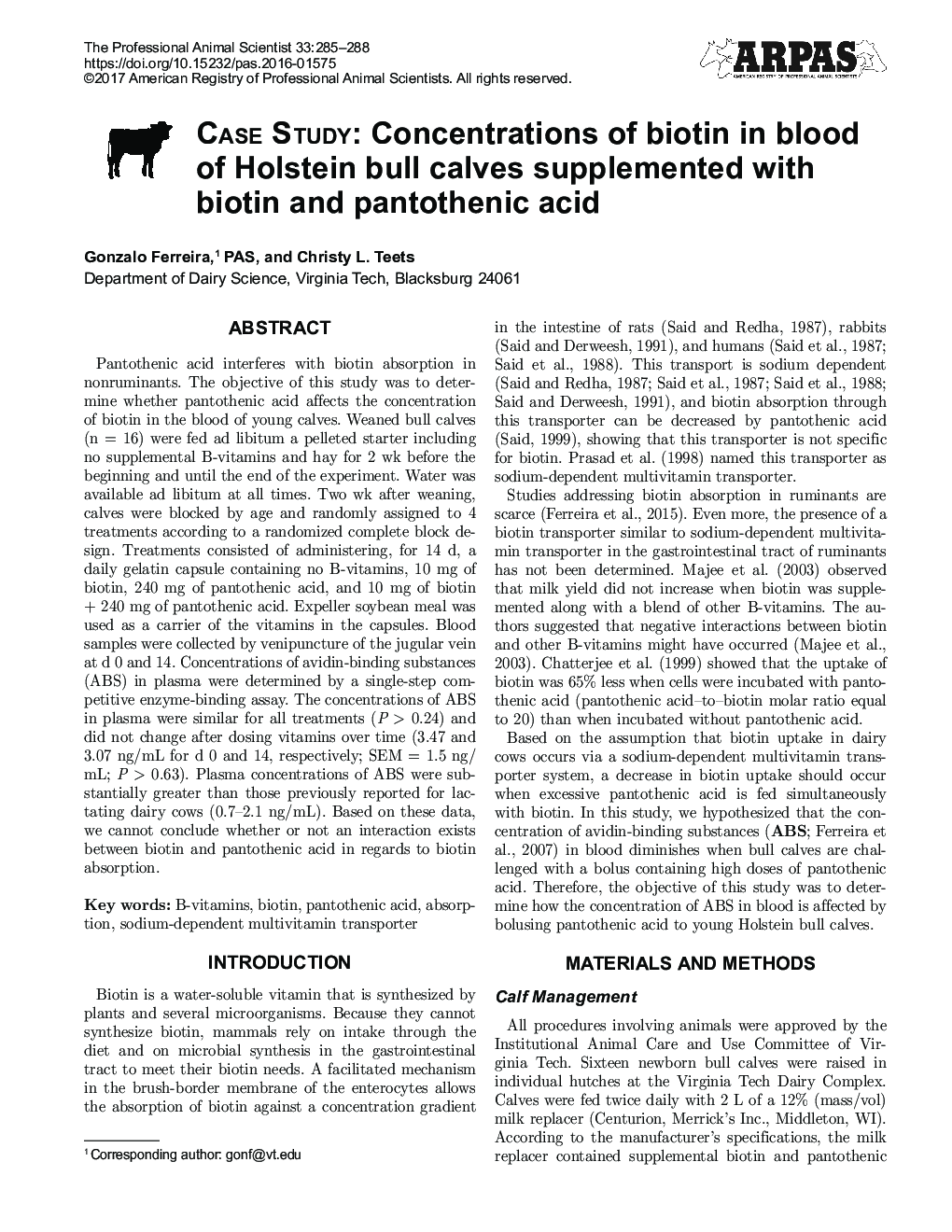 Case Study: Concentrations of biotin in blood of Holstein bull calves supplemented with biotin and pantothenic acid