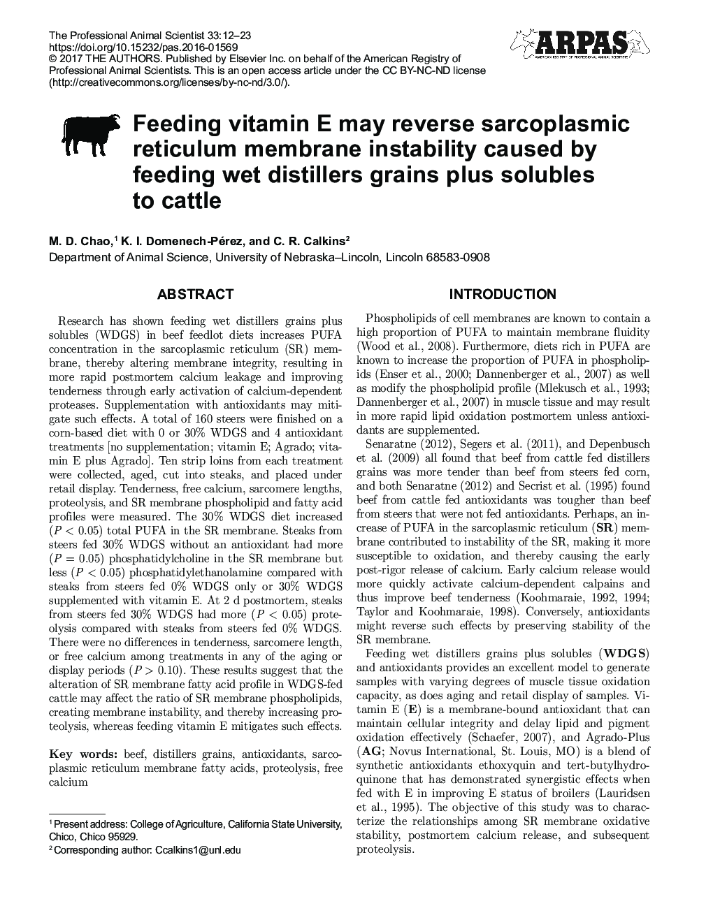 Feeding vitamin E may reverse sarcoplasmic reticulum membrane instability caused by feeding wet distillers grains plus solubles to cattle