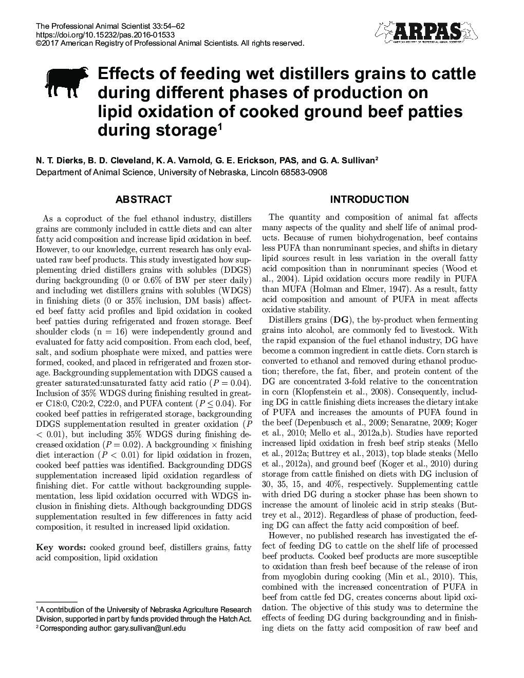 Effects of feeding wet distillers grains to cattle during different phases of production on lipid oxidation of cooked ground beef patties during storage1