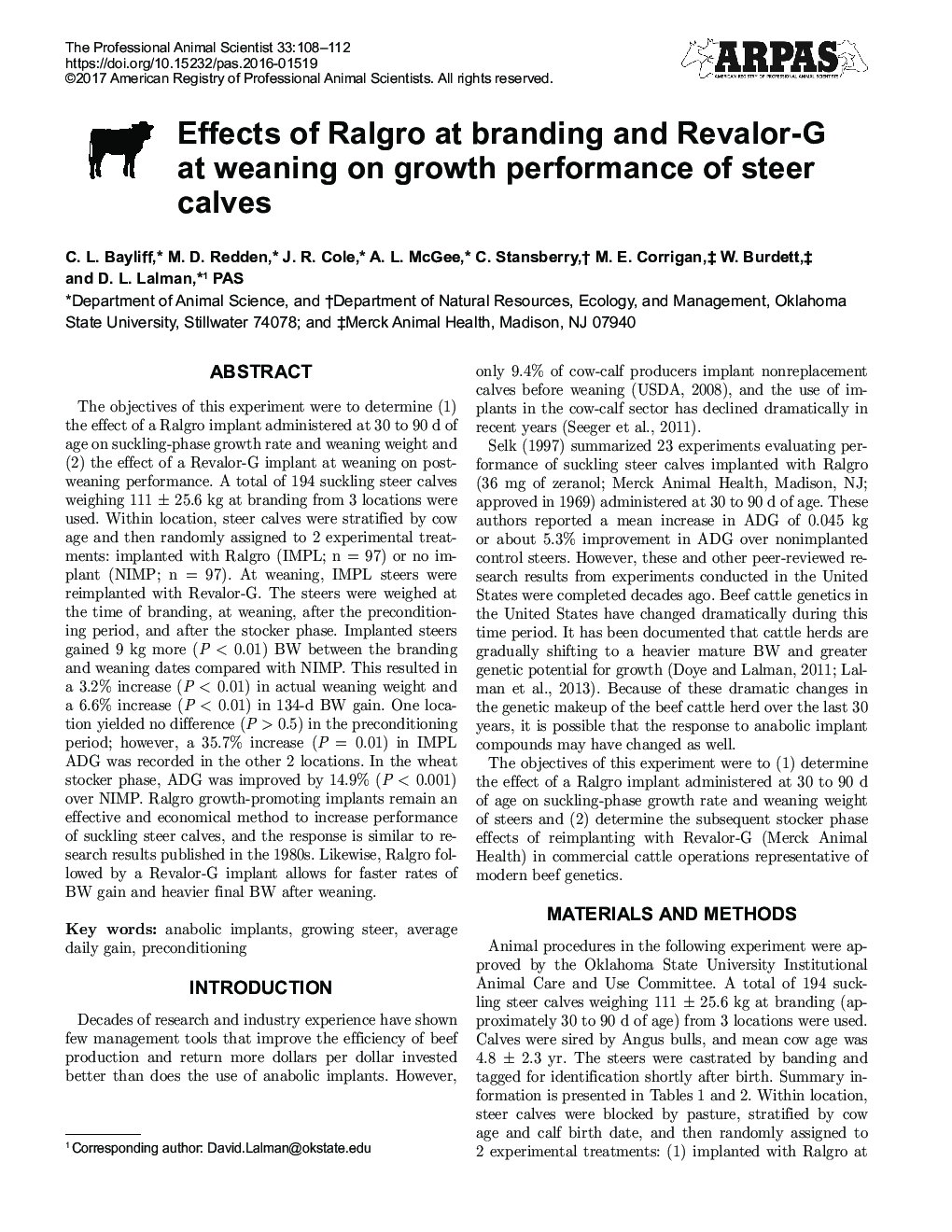 Effects of Ralgro at branding and Revalor-G at weaning on growth performance of steer calves