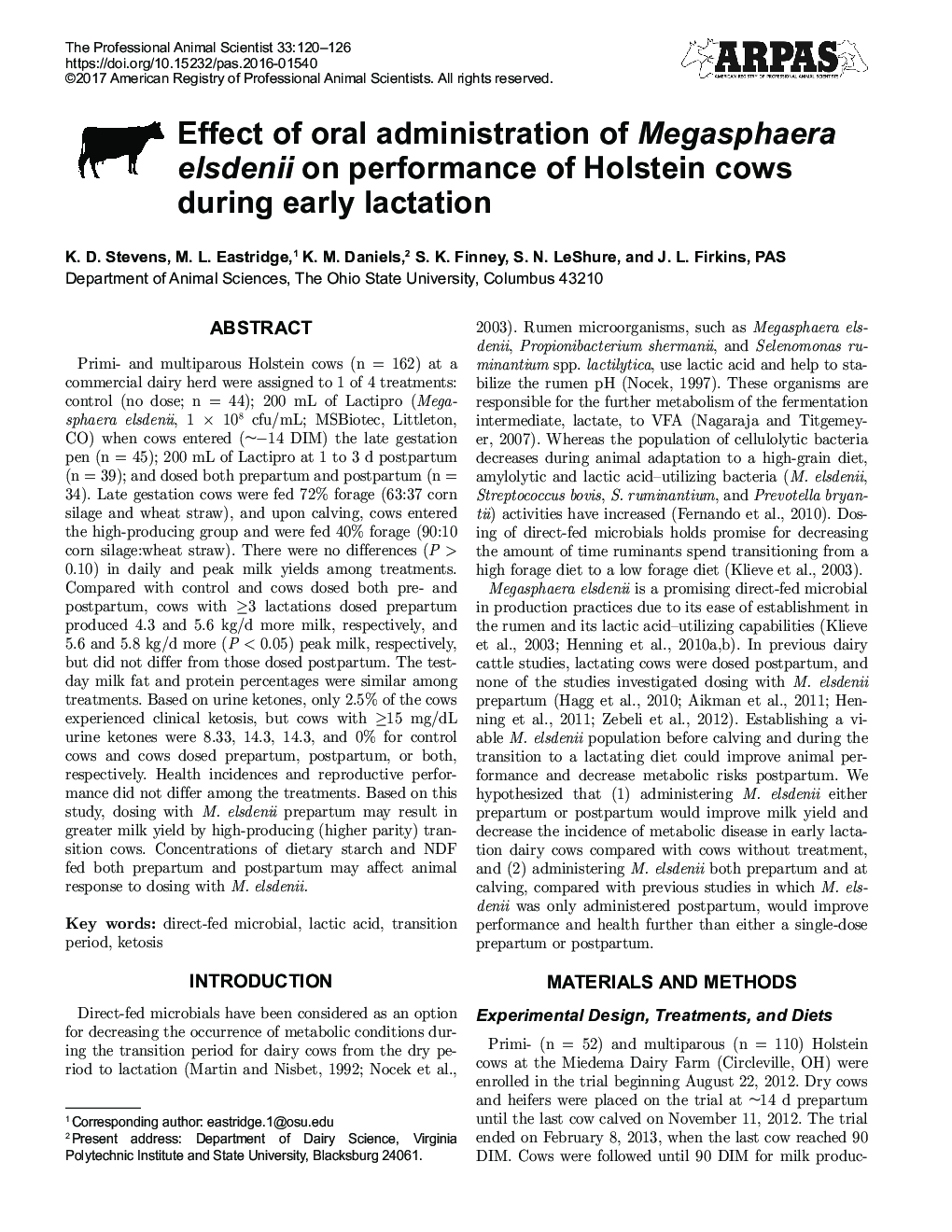 Effect of oral administration of Megasphaera elsdenii on performance of Holstein cows during early lactation