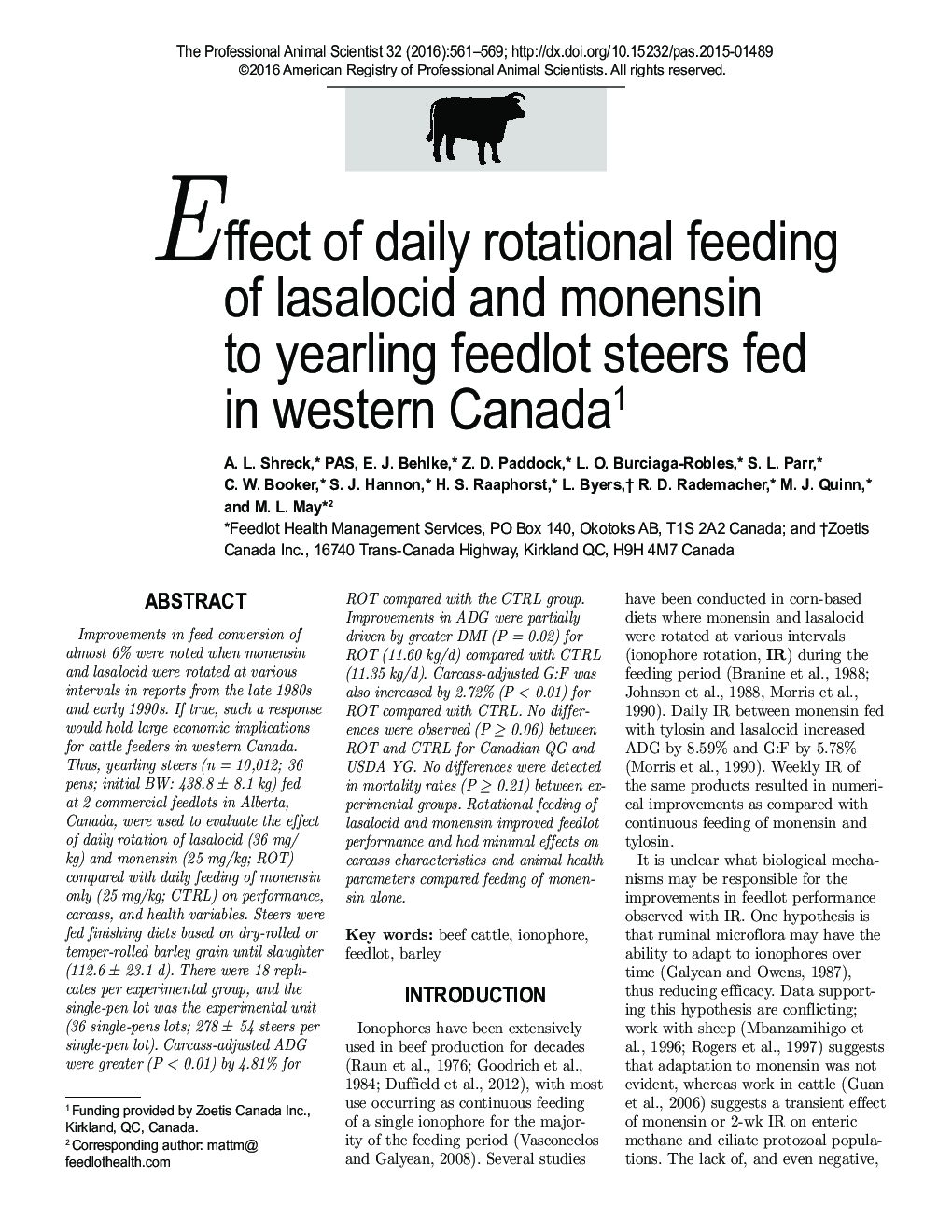 Effect of daily rotational feeding of lasalocid and monensin to yearling feedlot steers fed in western Canada1