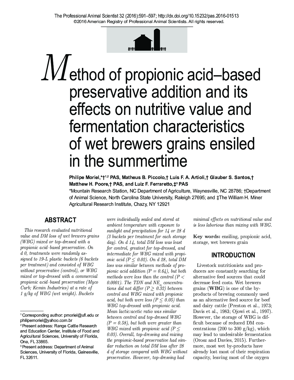 Method of propionic acid-based preservative addition and its effects on nutritive value and fermentation characteristics of wet brewers grains ensiled in the summertime