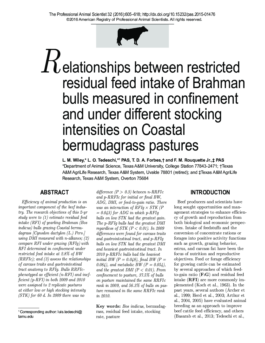 Relationships between restricted residual feed intake of Brahman bulls measured in confinement and under different stocking intensities on Coastal bermudagrass pastures