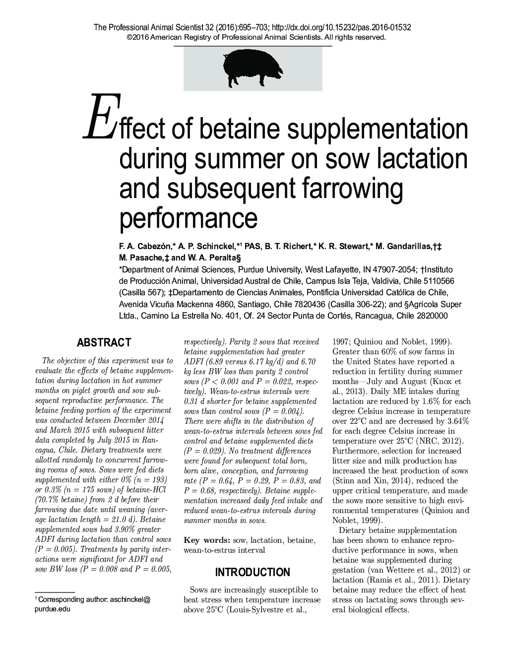 Effect of betaine supplementation during summer on sow lactation and subsequent farrowing performance