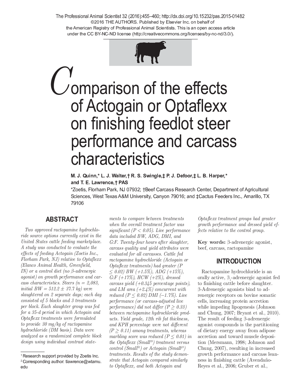 Comparison of the effects of Actogain or Optaflexx on finishing feedlot steer performance and carcass characteristics