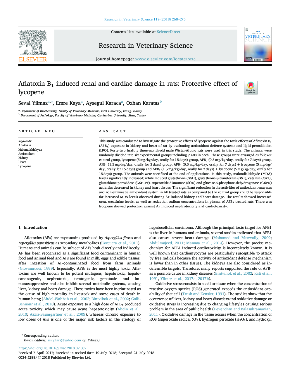 Aflatoxin B1 induced renal and cardiac damage in rats: Protective effect of lycopene