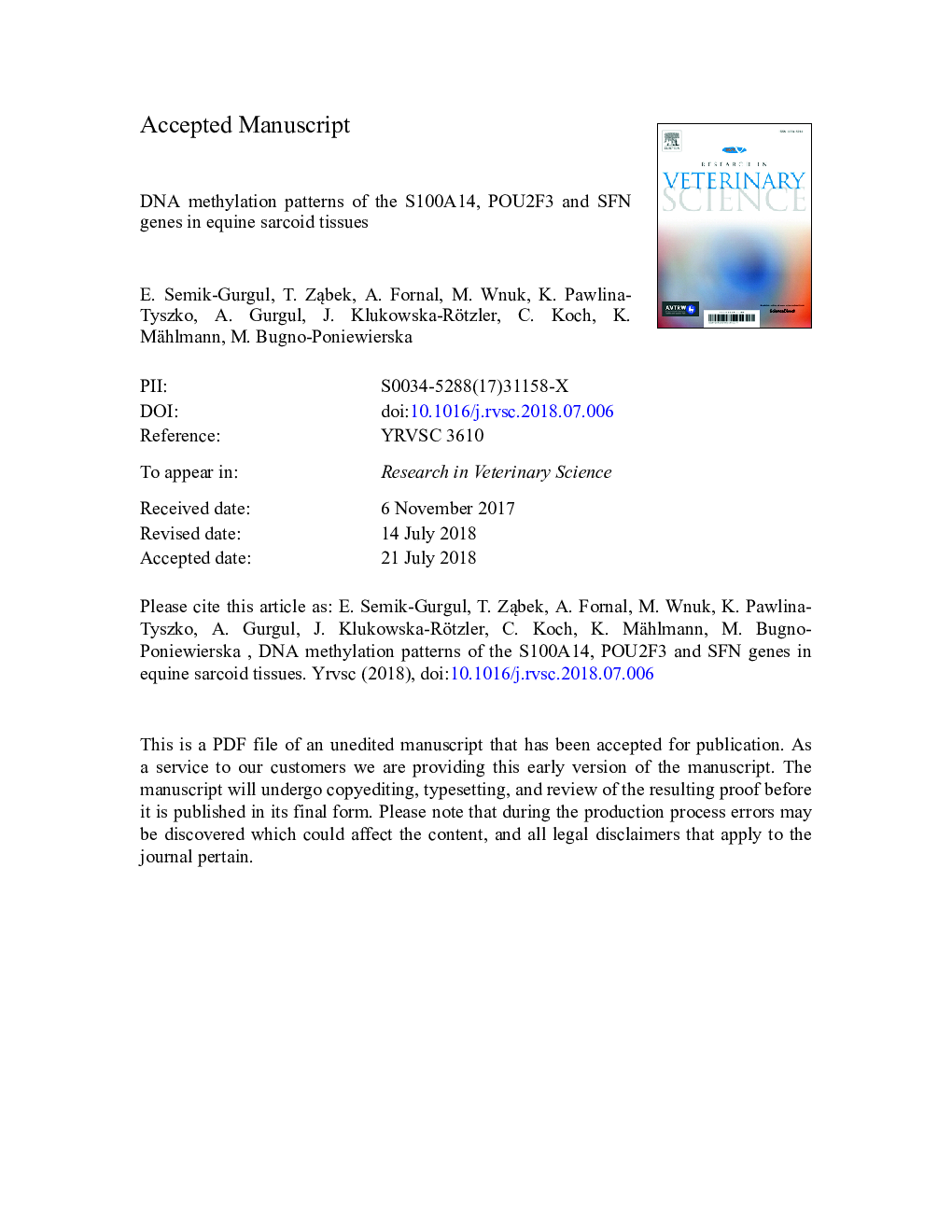 DNA methylation patterns of the S100A14, POU2F3 and SFN genes in equine sarcoid tissues