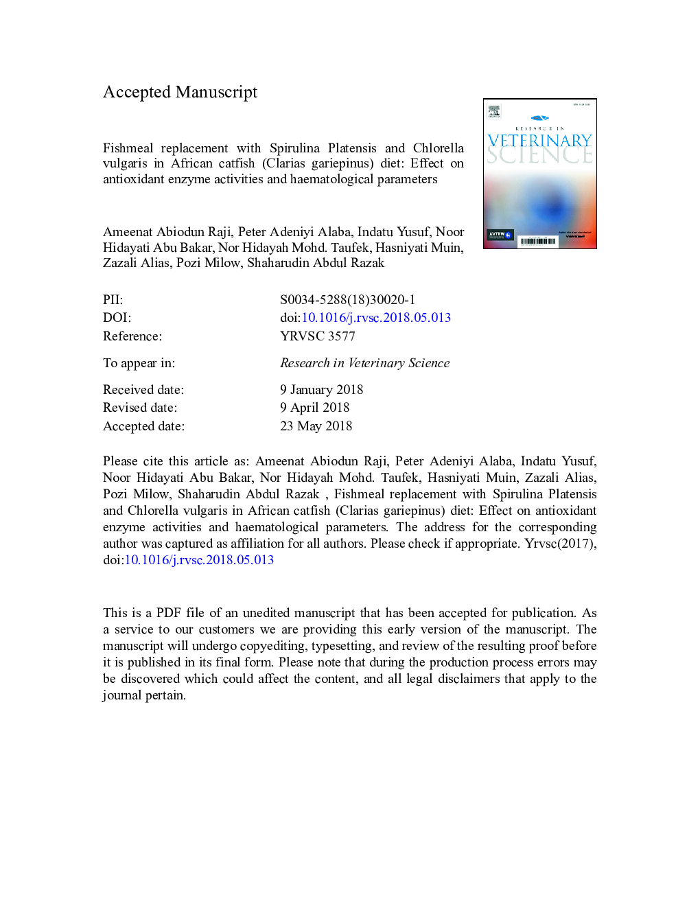 Fishmeal replacement with Spirulina Platensis and Chlorella vulgaris in African catfish (Clarias gariepinus) diet: Effect on antioxidant enzyme activities and haematological parameters