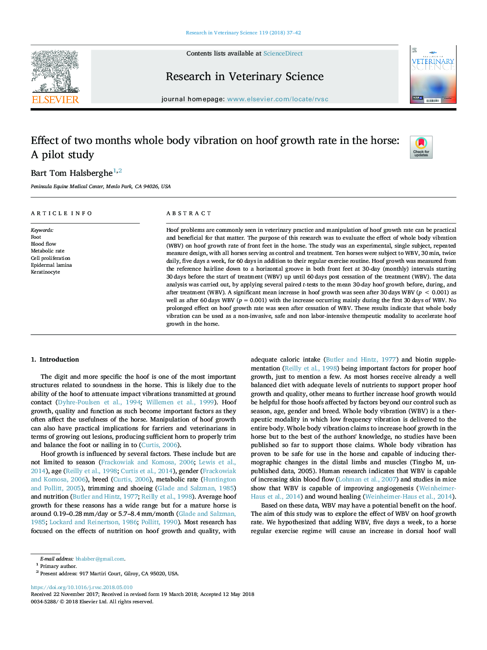 Effect of two months whole body vibration on hoof growth rate in the horse: A pilot study