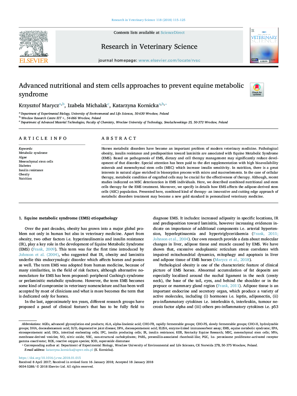 Advanced nutritional and stem cells approaches to prevent equine metabolic syndrome