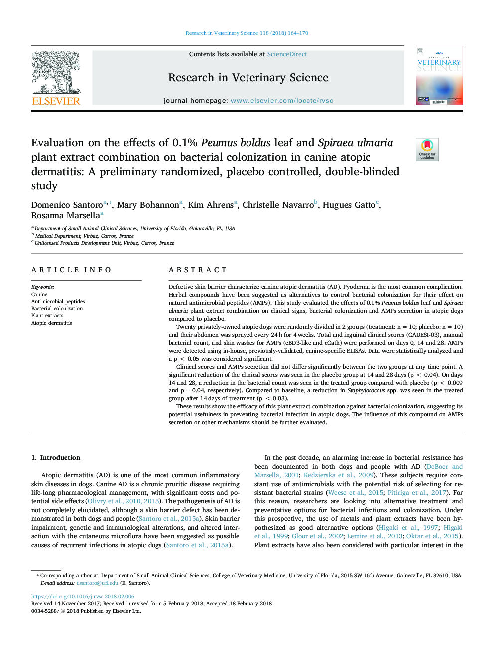 Evaluation on the effects of 0.1% Peumus boldus leaf and Spiraea ulmaria plant extract combination on bacterial colonization in canine atopic dermatitis: A preliminary randomized, placebo controlled, double-blinded study