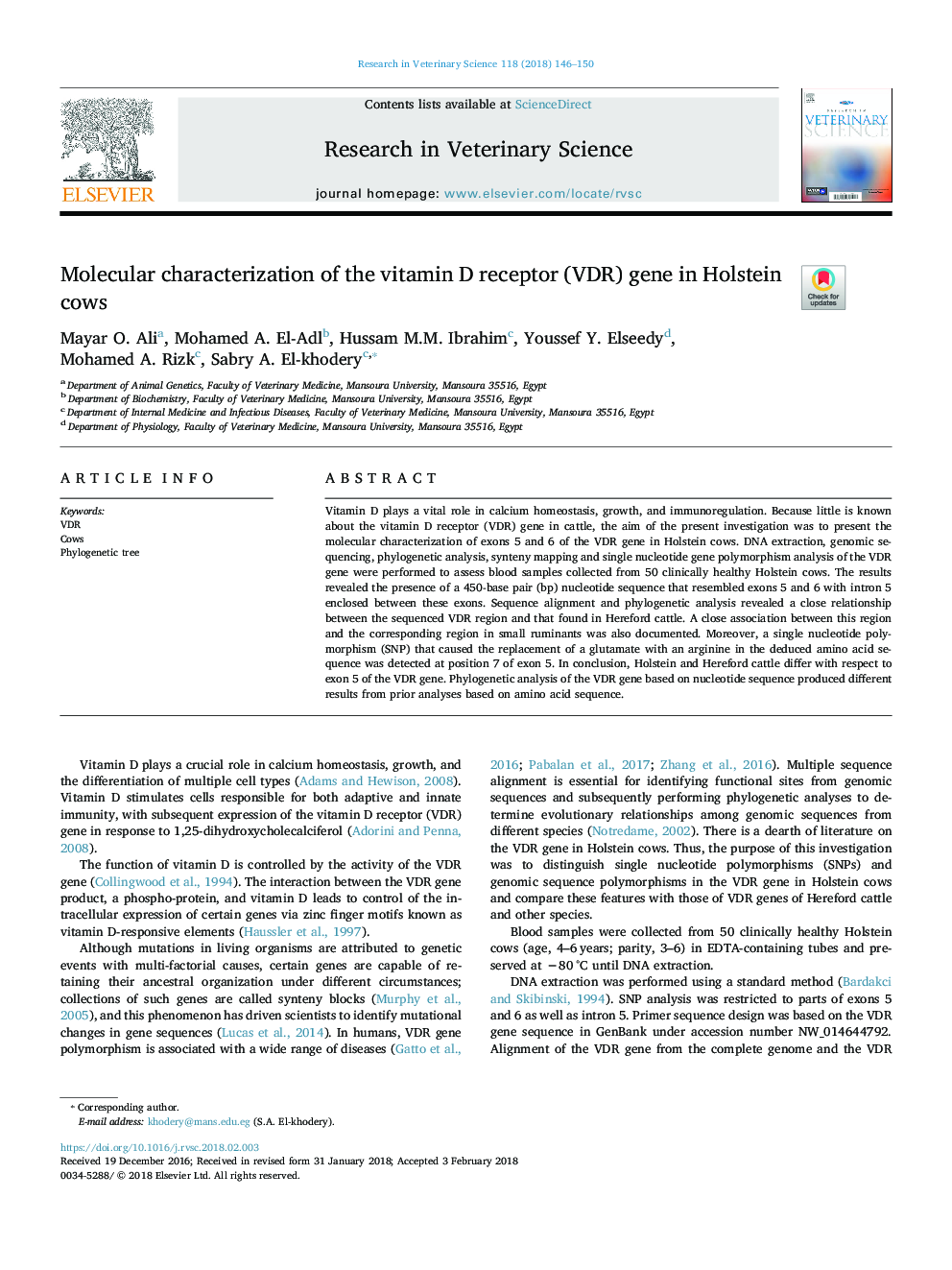 Molecular characterization of the vitamin D receptor (VDR) gene in Holstein cows