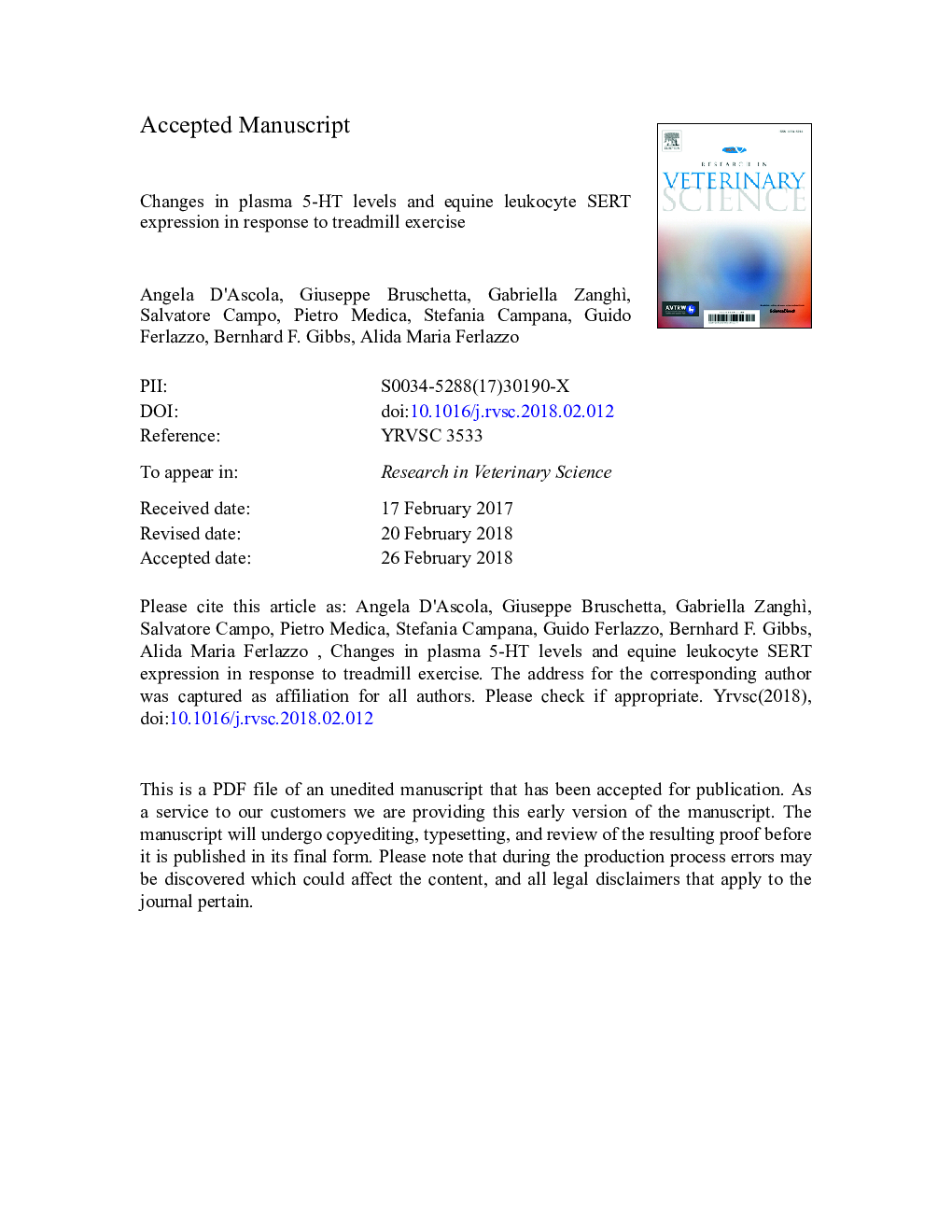 Changes in plasma 5-HT levels and equine leukocyte SERT expression in response to treadmill exercise