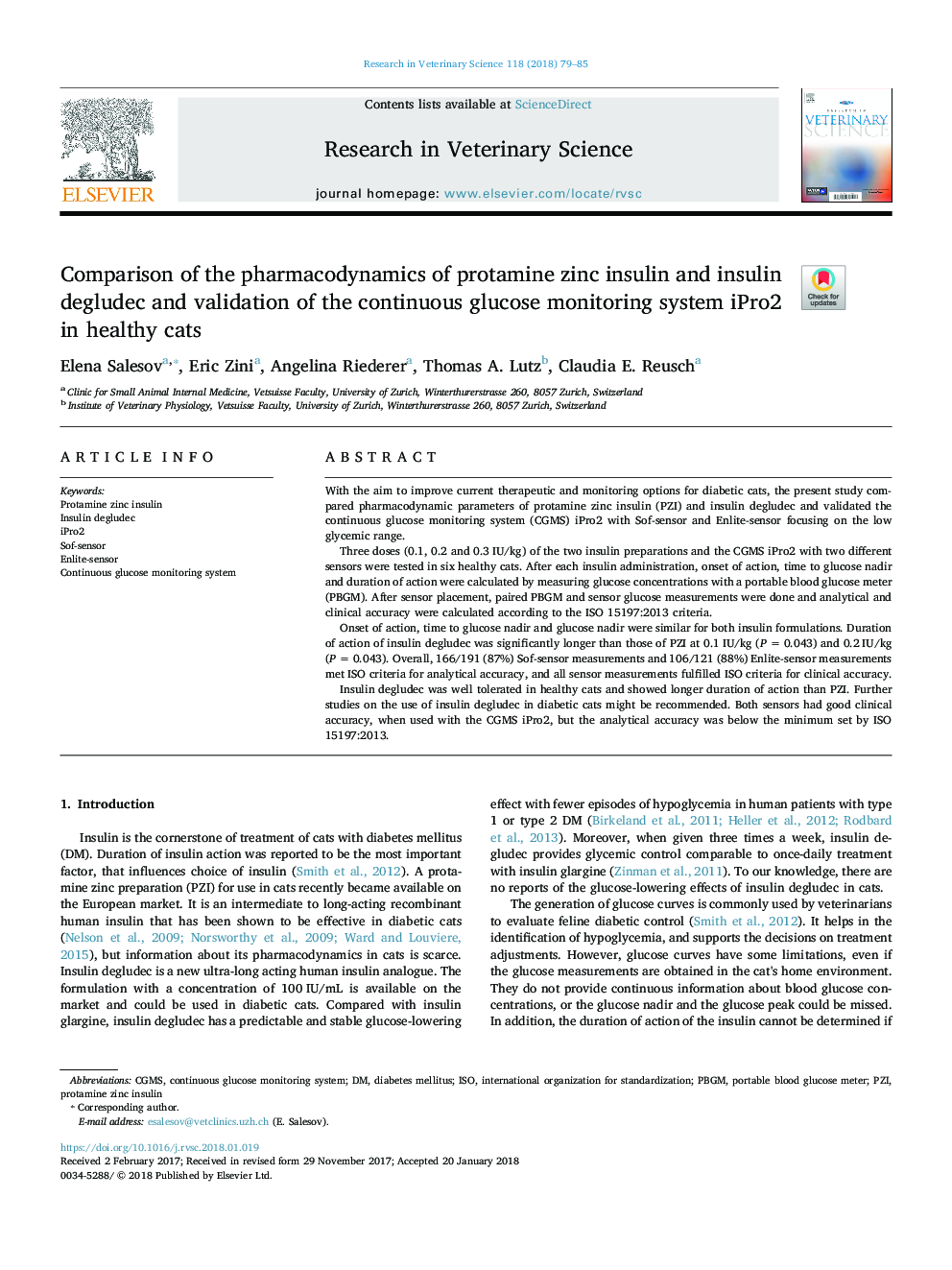 Comparison of the pharmacodynamics of protamine zinc insulin and insulin degludec and validation of the continuous glucose monitoring system iPro2 in healthy cats