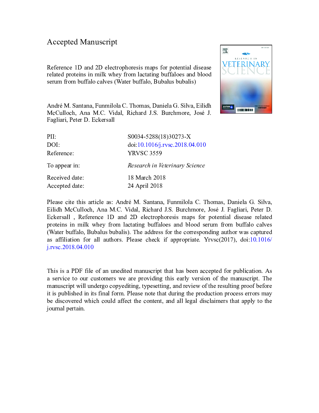 Reference 1D and 2D electrophoresis maps for potential disease related proteins in milk whey from lactating buffaloes and blood serum from buffalo calves (Water buffalo, Bubalus bubalis)