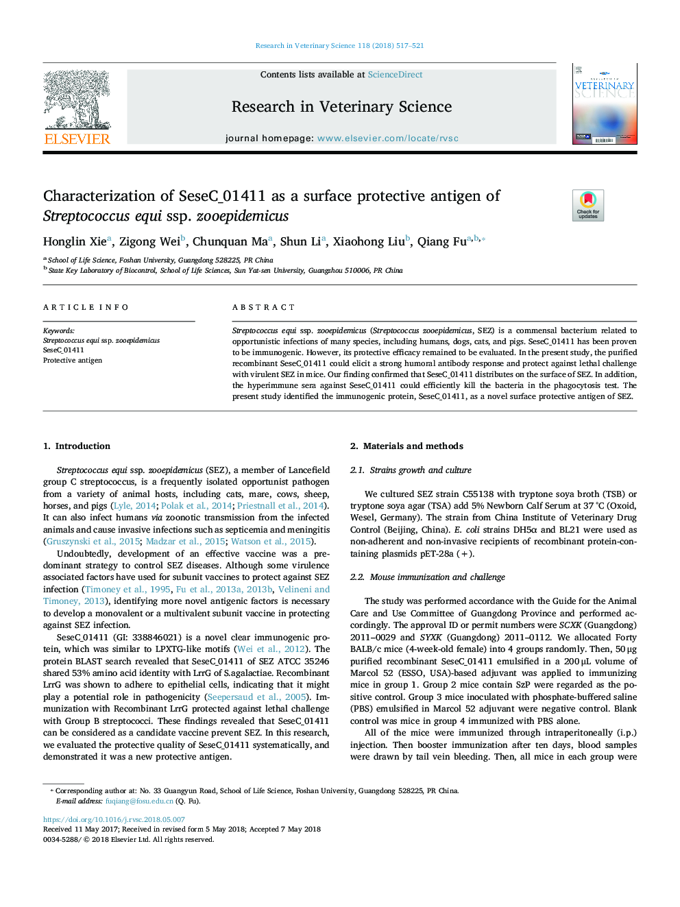 Characterization of SeseC_01411 as a surface protective antigen of Streptococcus equi ssp. zooepidemicus