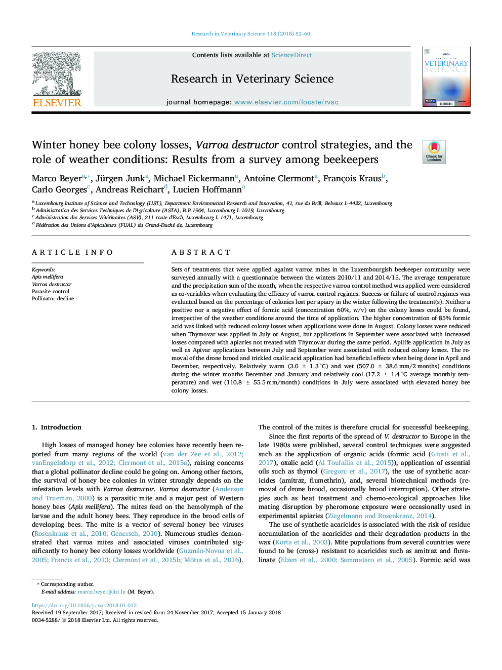 Winter honey bee colony losses, Varroa destructor control strategies, and the role of weather conditions: Results from a survey among beekeepers