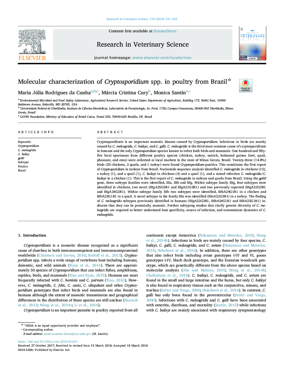 Molecular characterization of Cryptosporidium spp. in poultry from Brazil